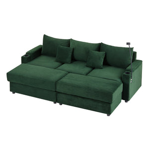 English Elm 95.3" Versatile 3-Seater Sectional Sofa With Smart Storage, Usb Ports, Cup Holders & Ottomans, Green N719S001613F