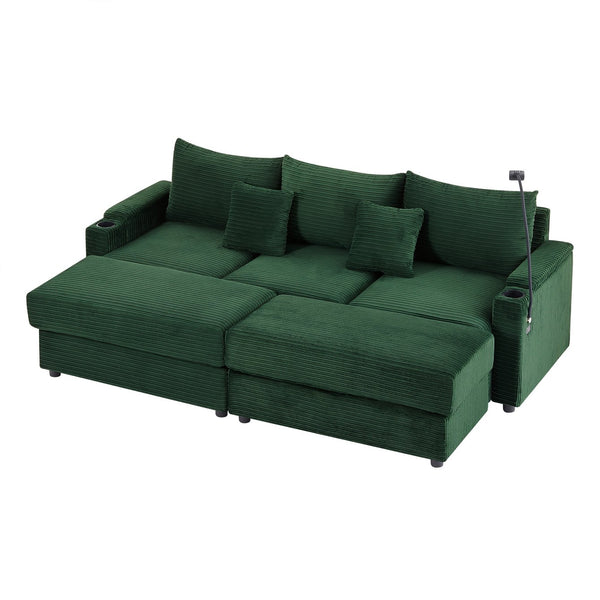 English Elm 95.3" Versatile 3-Seater Sectional Sofa With Smart Storage, Usb Ports, Cup Holders & Ottomans, Green N719S001613F