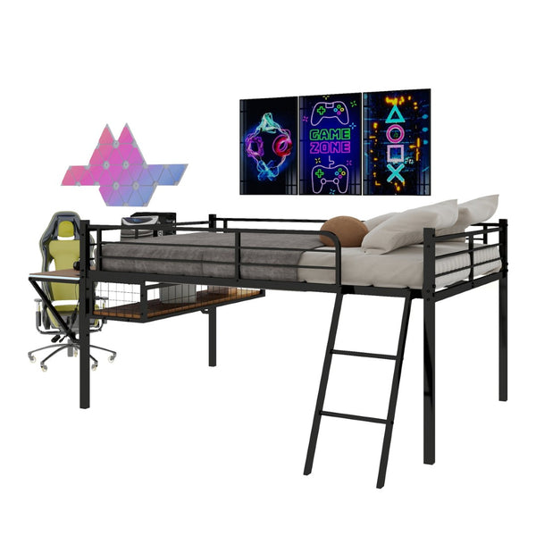 English Elm Full Size Steel Loft Bed with Integrated Desk Led Lighting and Under Bed Storage Black W1935P463339
