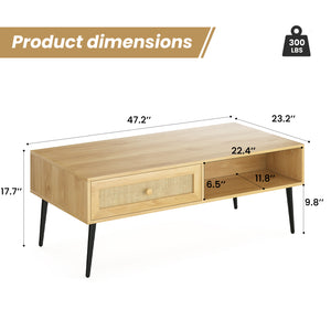 English Elm Mid-Century 47" Rectangular Coffee Table with Rattan Drawer, Open Shelf & Metal Legs for Living Room Natural T3623P380015