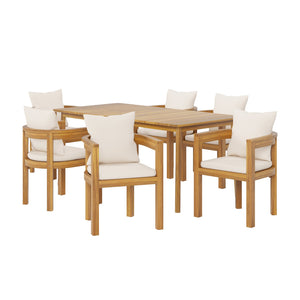English Elm Christopher Knight Home® - Abaco Teak+ Beige 7PC Acacia Wood Patio Dining Set with 6 Cushioned Chairs & Slatted Curved Table ABACO7PCDSETT