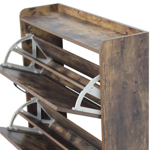 English Elm Shoe Rustic Brown Flip Drawer Cabinet with Metal Legs — Slim 24–32 Pair Organizer, Anti-Tip Entryway W1347P183668