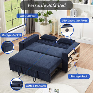 English Elm 61.4" Pull-out Sofa Bed Loveseat with Adjustable 3-Position Backrest, USB Ports, Cup Holders, Storage Rack Blue N719S001900C