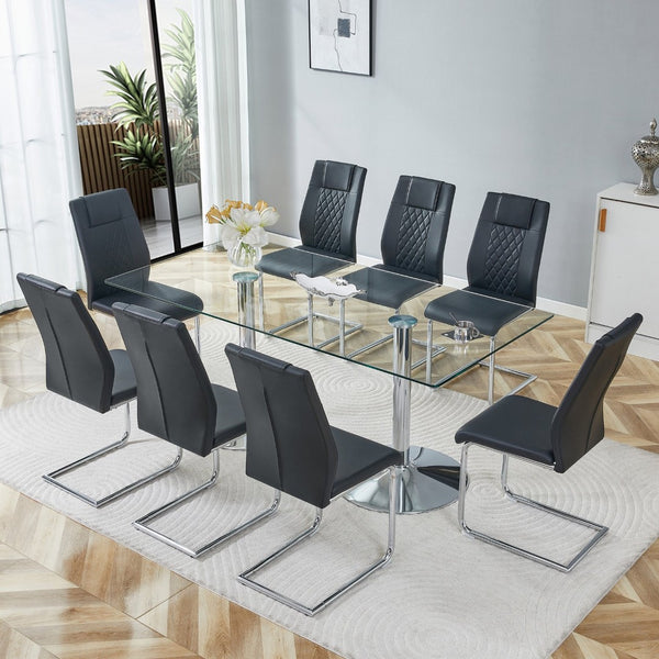 English Elm Table and Chair Set Tempered Glass Top Seats Eight with Pu Leather Dining Chairs Black,Silver,Transparent W1151S04549