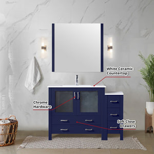 English Elm Navy Blue Single Bath Vanity Set With White Ceramic Top, Side Cabinet, Mirror & Faucet - 48" W B2731S01368