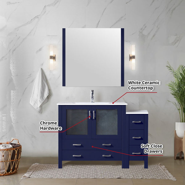 English Elm Navy Blue Single Bath Vanity Set With White Ceramic Top, Side Cabinet, Mirror & Faucet - 48" W B2731S01368