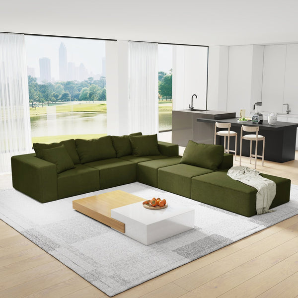English Elm Modern Upholstered Sectional Sofa Set, Modular 132" L-Shaped Chenille Couch, No Assembly, Plush Comfort and Versatile Configuration Green W834S00373
