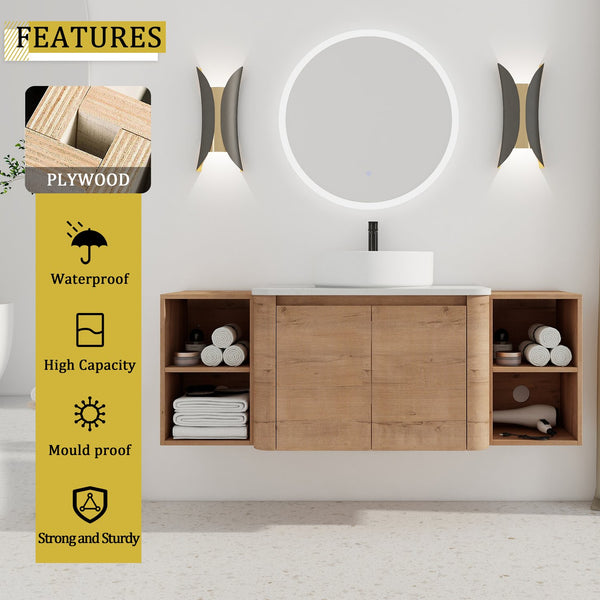 English Elm 54'' Elegant Wall-Mounted Bathroom Vanity With Ceramic Vessel Sink, Soft-Close Doors & Storage Shelves W999S00414