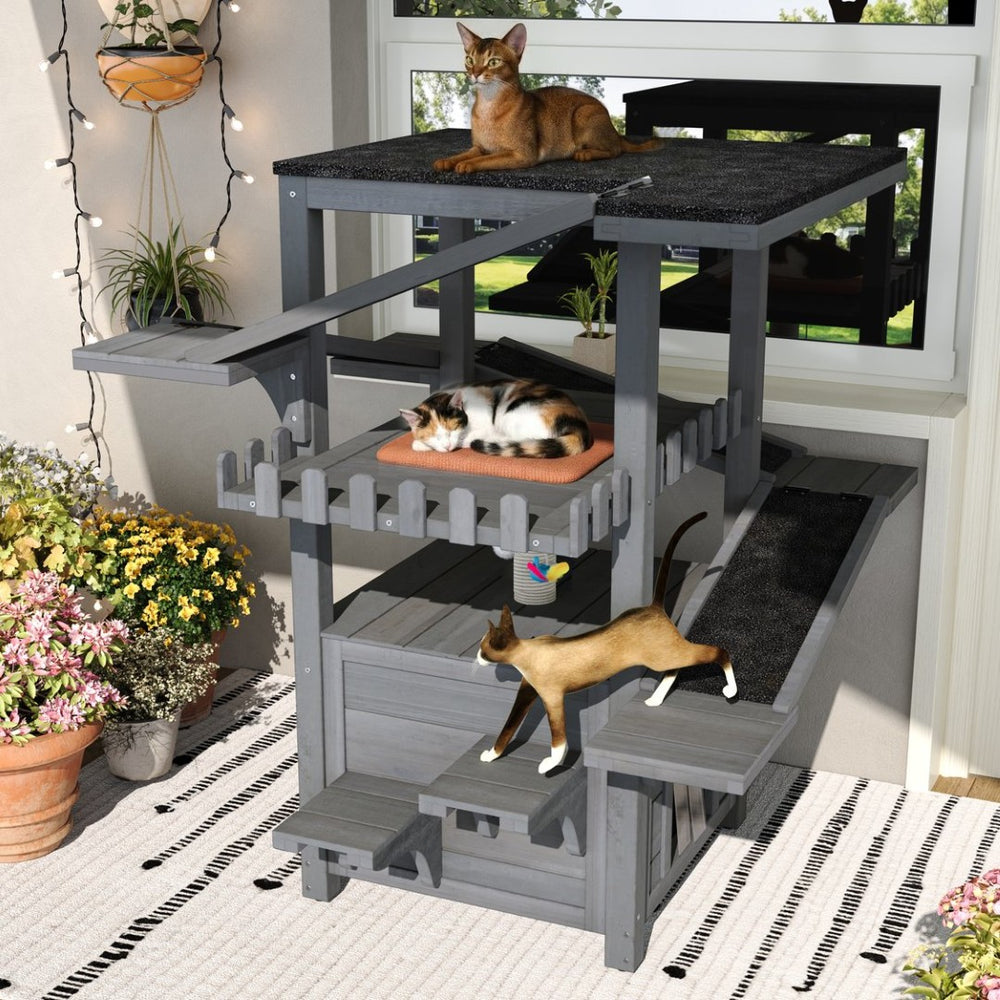 English Elm 4 Tier Outdoor Pine Cat Tower with Waterproof Roof Enclosed Den and Balcony Perch Grey N704P436318E