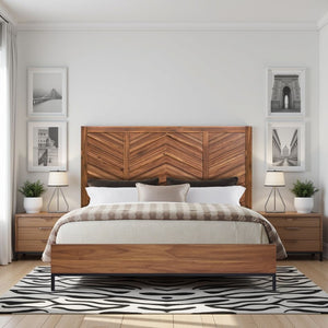 English Elm Astoria King Bed Acacia Wood Chevron Headboard with Usb Ports and Metal Legs B108S00048