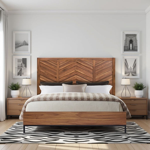 English Elm Astoria King Bed Acacia Wood Chevron Headboard with Usb Ports and Metal Legs B108S00048