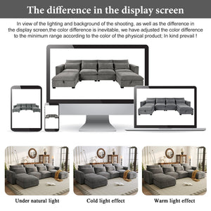 English Elm U_style Modular U-shaped Sectional Sofa Six Seat Linen Fabric with Storage Ottomans Gray WY000491AAE
