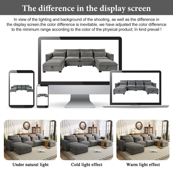 English Elm U_style Modular U-shaped Sectional Sofa Six Seat Linen Fabric with Storage Ottomans Gray WY000491AAE
