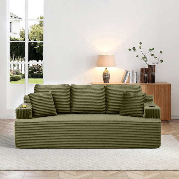 English Elm Boneless Floor Sofa Corduroy Upholstered 5 Seat Low Profile with Cup Holders for Living Room Green W1117S00434