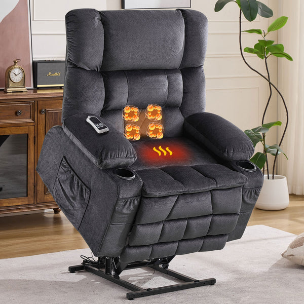 English Elm Dual Motor Large Power Lift Recliner Chair with Waist Kneading & Heat, Extended Footrest, USB Ports Grey W1521S00072