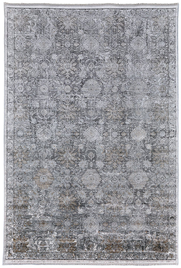Feizy Rugs Sarrant Luxurious Machine Made Viscose/Polyester Distressed Rug With Traditional Medallion Design Gray,Silver,Tan Viscose,Polyester 9193965fsnd000f06