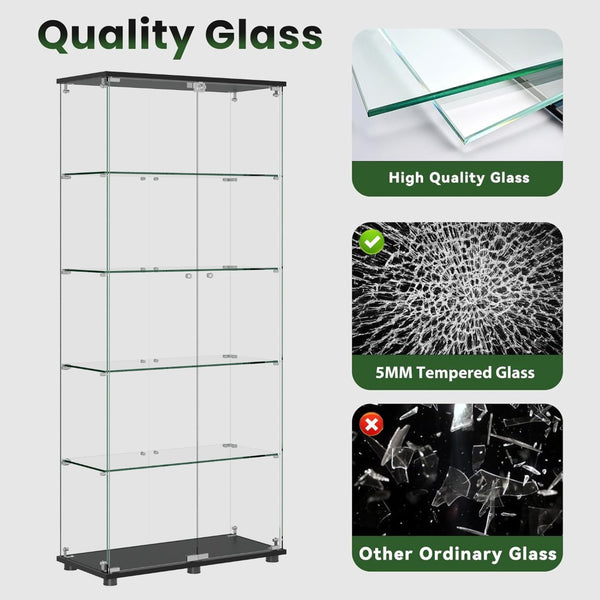 English Elm Glass Display Cabinet Five Tempered Shelves Lockable Doors Matte Black Living Room W3190S00002
