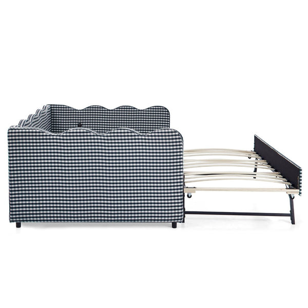 English Elm Full Size Gingham Linen Daybed with Wave Backrest Trundle and Usb Charging Port Navy W1413S00140