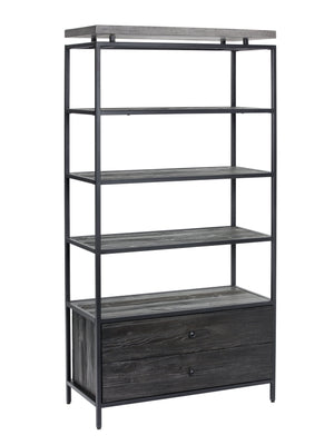 Sunpan Norwood Bookcase: Modern Concrete & Pine Wood Design with Black Metal Frame for Stylish Storage Solutions