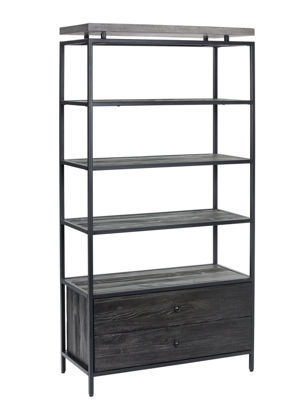 Sunpan Norwood Bookcase: Modern Concrete & Pine Wood Design with Black Metal Frame for Stylish Storage Solutions