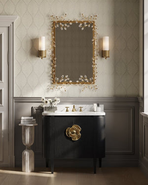 Currey & Company Briallen 36" Vanity With Elegant Carrara Marble Top And Polished Nickel Brass Flower Pull Storage Solutions Black White Oak Solids & Veneers ,Carrara Marble ,Vitreous China ,Brass 3800-0017-currey-company