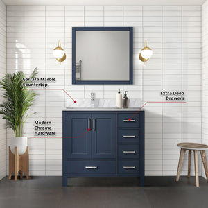 English Elm Navy Bath Vanity 36" W x 22" D with Left Carrara Marble Top, Chrome Faucet, 34" Mirror, Durable Finish B2731S01268