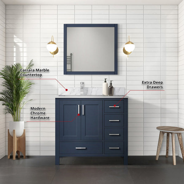 English Elm Navy Bath Vanity 36" W x 22" D with Left Carrara Marble Top, Chrome Faucet, 34" Mirror, Durable Finish B2731S01268