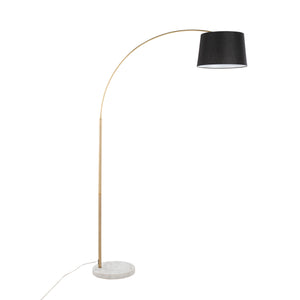 English Elm March Contemporary Floor Lamp - Antique Brass Arc & White Marble Base With Black Linen Shade Design B202S01370