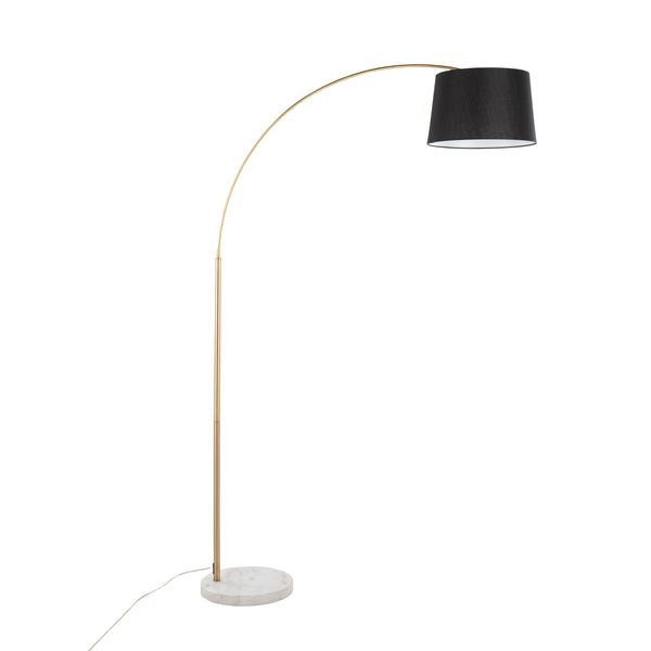English Elm March Contemporary Floor Lamp - Antique Brass Arc & White Marble Base With Black Linen Shade Design B202S01370