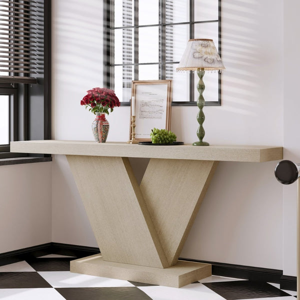 English Elm 66" Mid-century X-leg Console Oak Wash Veneer Entryway Sofa Table Geometric Base Imitative Oak W1435P337636