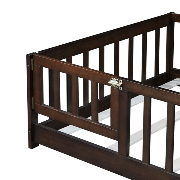 English Elm Twin Solid Rubberwood Floor Bed with Full Perimeter Safety Rails for Toddler Rooms Espresso W504P296781