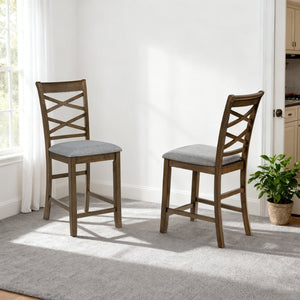English Elm Dining Counter Chairs Set of 4 Walnut X-back Linen Seat Kitchen Nook Seating W1998P338706