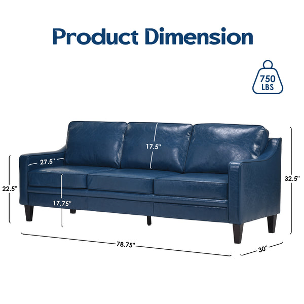 English Elm 78.75'' Slipcovered Faux Leather Sofa with High-Density Foam, Solid Wood Frame, Easy-Clean Finish Blue T3623P411305