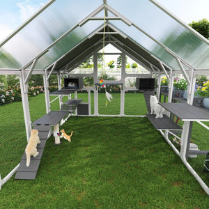 English Elm Large Walk-in Pine Wood Catio Enclosure with Platforms Resting Boxes and Planter Grey,White N704G201619K