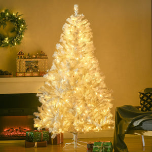English Elm HOMCOM 6ft Prelit White Artificial Christmas Tree with 638-859 Branches, 220-250 Warm White LEDs, Auto-Open, Flame-Retardant Décor W2225P217081