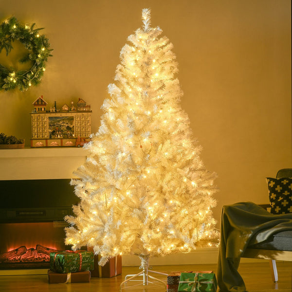 English Elm HOMCOM 6ft Prelit White Artificial Christmas Tree with 638-859 Branches, 220-250 Warm White LEDs, Auto-Open, Flame-Retardant Décor W2225P217081