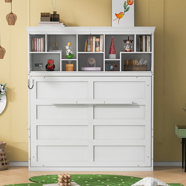 English Elm Queen Murphy Wall Bed Cabinet with Integrated Shelves Usb Charging Space Saving Design White LP006668AAK-1