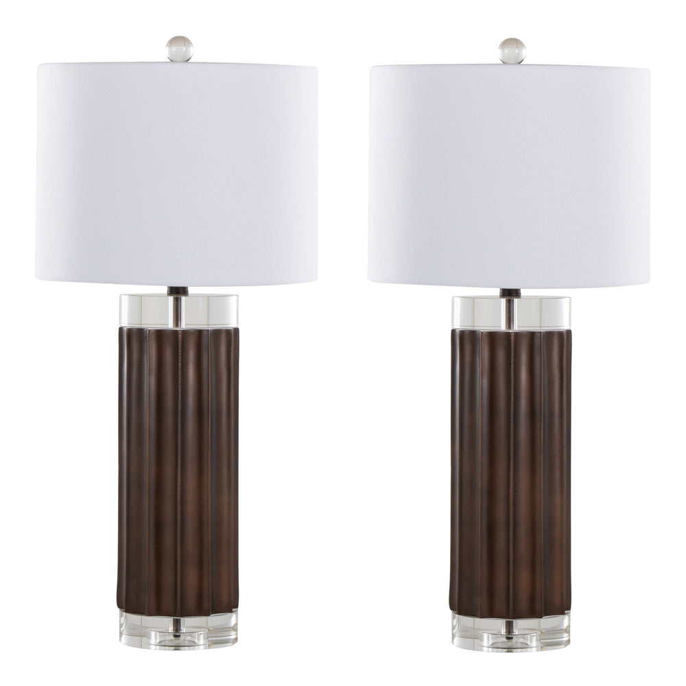English Elm Cylinder Fluted 29.25" Contemporary Table Lamp Set of 2 - Brown Lustre Polyresin Base, K9 Crystal, White Shade B202P224051