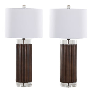 English Elm Cylinder Fluted 29.25" Contemporary Table Lamp Set of 2 - Brown Lustre Polyresin Base, K9 Crystal, White Shade B202P224051