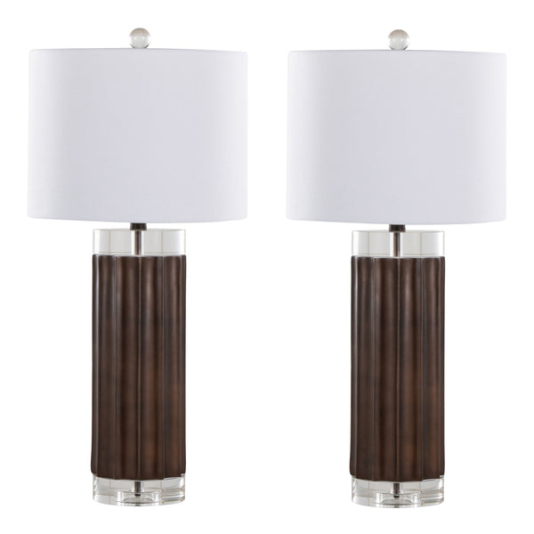 English Elm Cylinder Fluted 29.25" Contemporary Table Lamp Set of 2 - Brown Lustre Polyresin Base, K9 Crystal, White Shade B202P224051