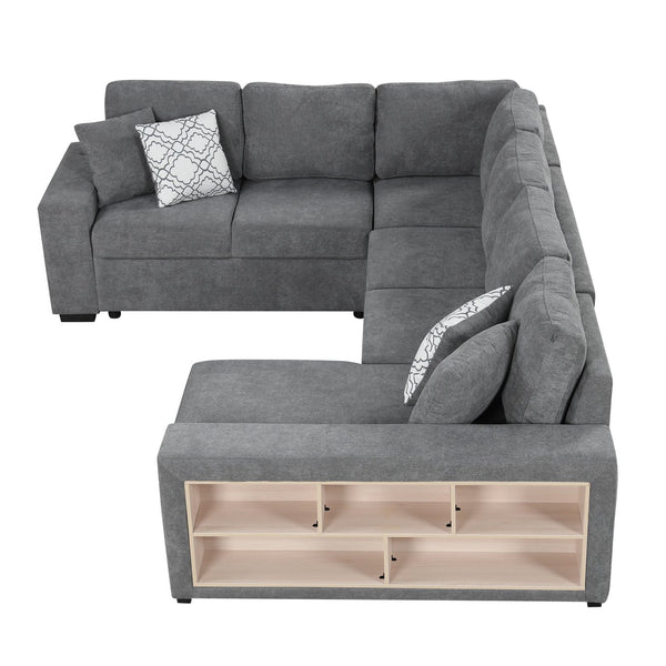English Elm 109" U-shaped Sectional Sofa Pull-out Bed with Storage Chaise, USB Ports, Pocket Spring Comfort Grey N719S001550E