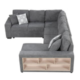 English Elm 109" U-Shaped Sectional Sofa Pull-Out Sofa Bed With Two Usb Ports, A Storage Chaise Lounge and Four Back Pillows For Living Room, Grey