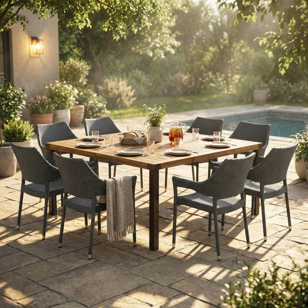 English Elm 9 Piece Outdoor Dining Set Acacia Wood Teak Table Grey Wicker Chairs Patio N762S000045AAE