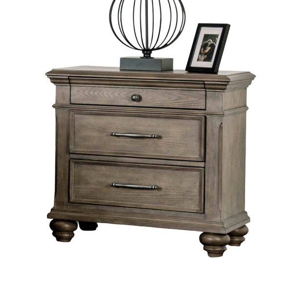 English Elm Aged Oak Veneer Three Drawer Nightstand with Bun Feet for Transitional Bedrooms B2741P433394