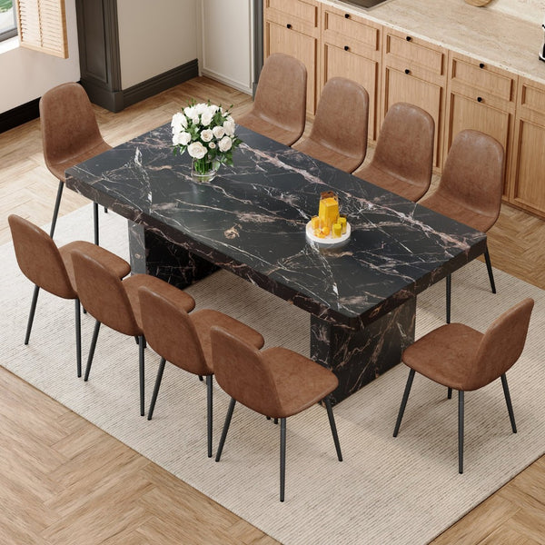English Elm Table and Chair Set Seats 10 with Marble Mdf Top Brown Fabric Dining Chairs W1151S04099