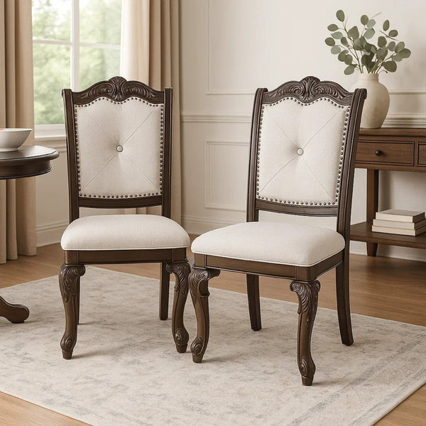 English Elm Cary Button-tufted Linen Dining Chairs Set of 2 Scrolled Wood Traditional Style B056P417079