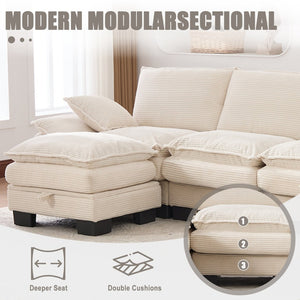 English Elm Sectional Cloud Sofa Modular Deep Seat Corduroy Upholstered Living Room Couch with Storage Beige W395S00129