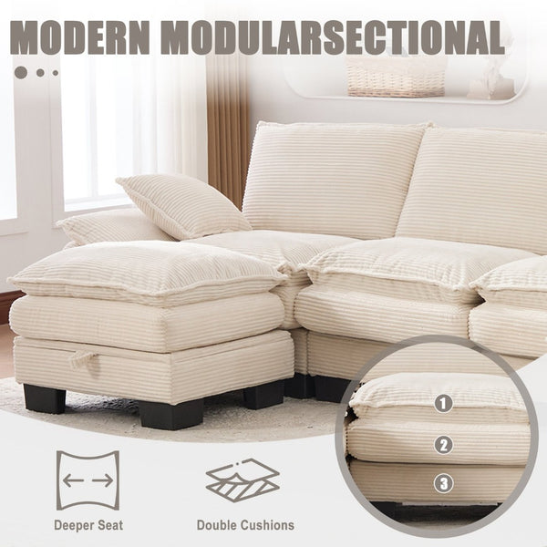 English Elm Sectional Cloud Sofa Modular Deep Seat Corduroy Upholstered Living Room Couch with Storage Beige W395S00129