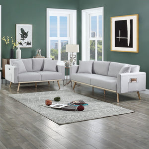 English Elm Elio Mid-century Linen Sofa and Loveseat Set with Usb Port Storage Pockets Light Gray B2749S00015
