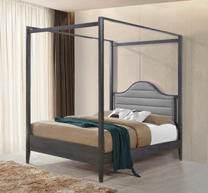 English Elm Upholstery Canopy Queen Bed with Padded Headboard, Solid Wood Frame, Elegant Modern Bedroom Centerpiece Brown Mix 64 L x 34.75 W x 4 H B011S01357